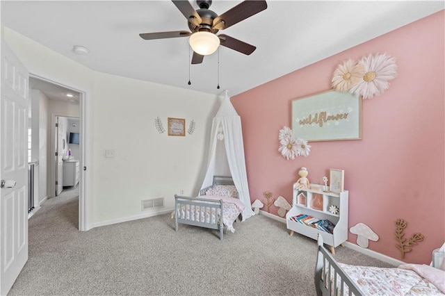 bedroom with baseboards, carpet, a ceiling fan, and visible vents
