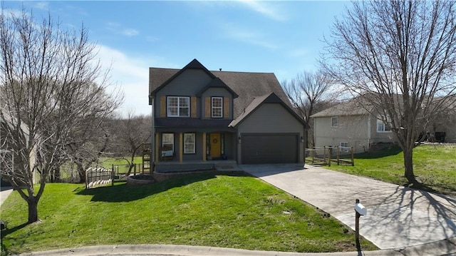 traditional-style home with fence, covered porch, driveway, and a front yard