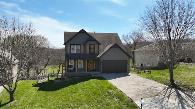 view of front of house with an attached garage, covered porch, a front yard, and concrete driveway