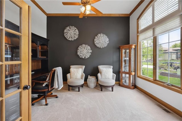 9924 Skyview Ln, Lenexa, KS 66220 - carpeted office space with ornamental molding, a ceiling fan, and baseboards