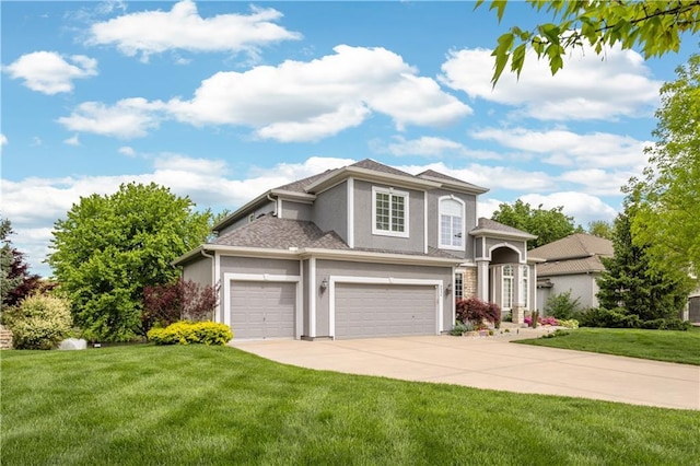 9924 Skyview Ln, Lenexa, KS 66220 - view of front of property featuring stucco siding, concrete driveway, a front lawn, and a garage
