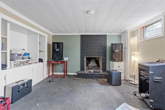 9817 Cedar St, Overland Park, KS 66207 - living room featuring ornamental molding, carpet flooring, and a brick fireplace