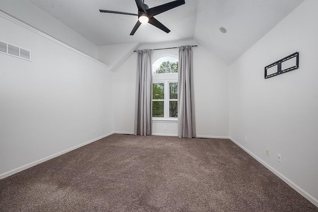 bonus room featuring visible vents, carpet floors, baseboards, ceiling fan, and vaulted ceiling