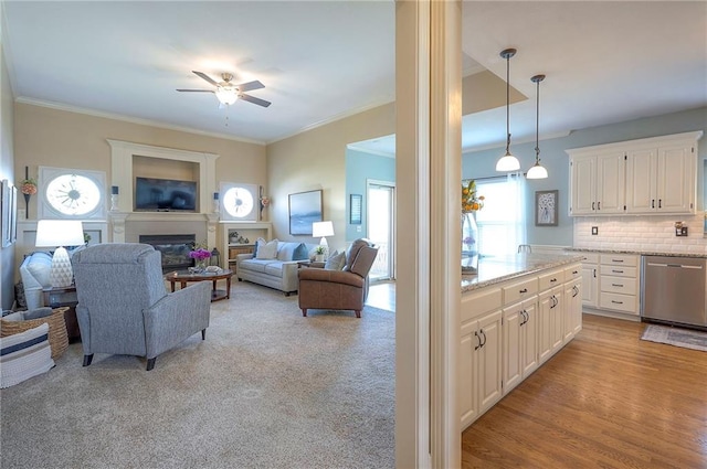 living room featuring a ceiling fan, ornamental molding, and plenty of natural light