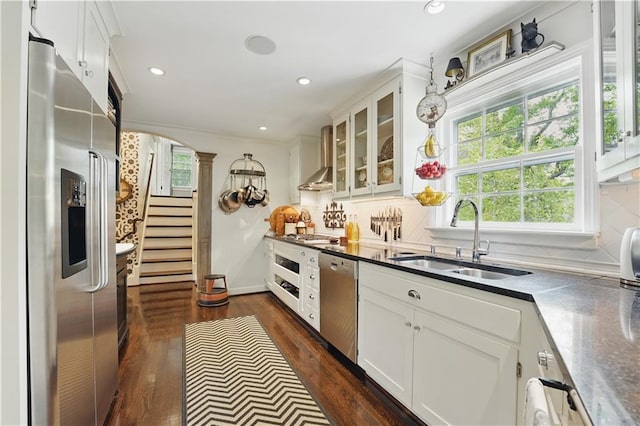6116 W 61st Ter, Mission, KS 66202 - kitchen with appliances with stainless steel finishes, a sink, dark wood-type flooring, dark countertops, and recessed lighting