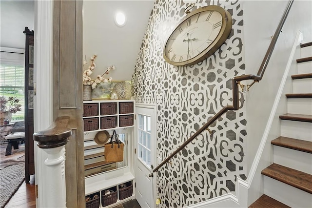 6116 W 61st Ter, Mission, KS 66202 - staircase featuring wallpapered walls and wood finished floors