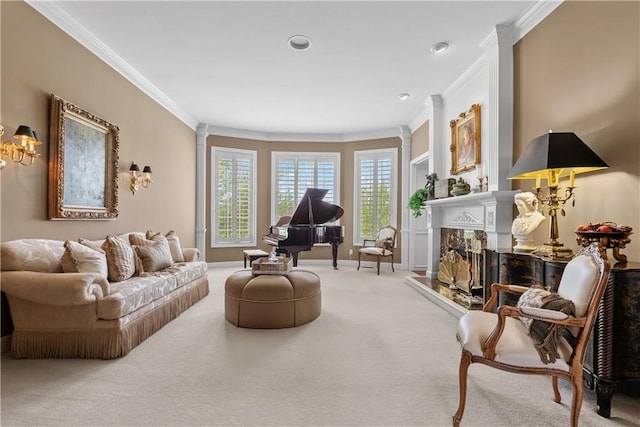 carpeted living room featuring crown molding, a fireplace, and baseboards
