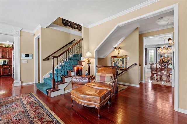 living area with baseboards and dark wood finished floors