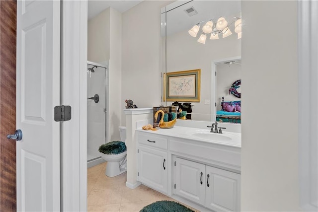 full bath with toilet, tile patterned floors, visible vents, a shower stall, and vanity