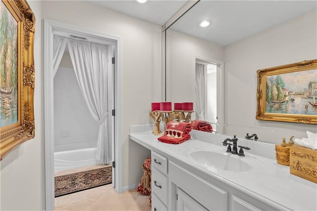 full bathroom featuring tile patterned flooring, vanity, recessed lighting, and shower / bath combo with shower curtain