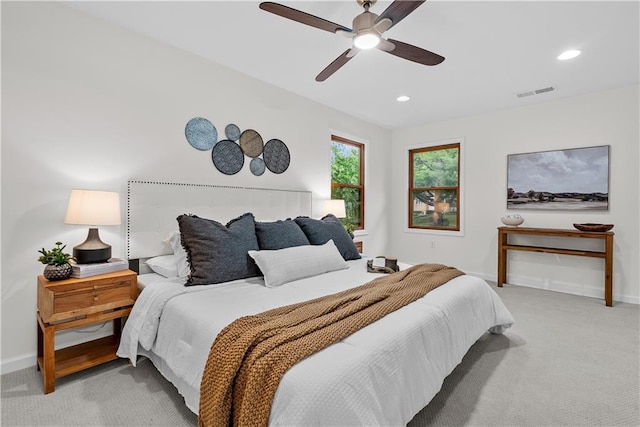2521 W 47th Ter, Westwood, KS 66205 - bedroom featuring light colored carpet, baseboards, recessed lighting, and a ceiling fan