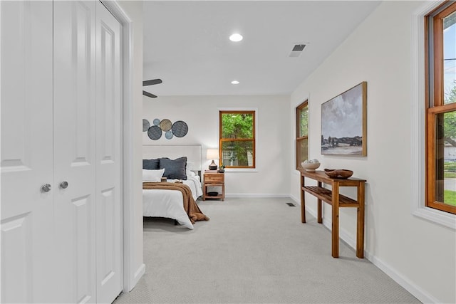 2521 W 47th Ter, Westwood, KS 66205 - bedroom with light colored carpet, baseboards, recessed lighting, and a ceiling fan