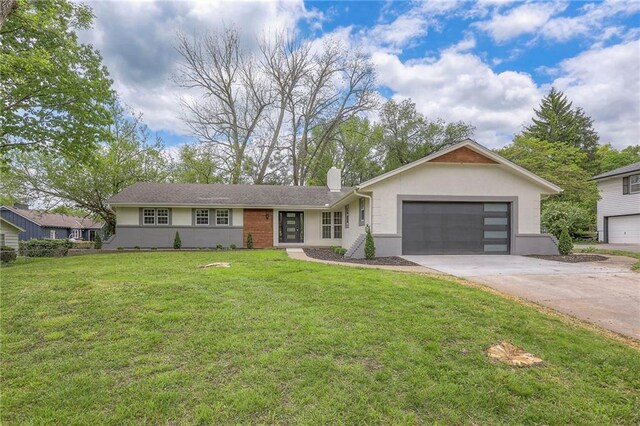 ranch-style house with a front lawn, stucco siding, a chimney, an attached garage, and driveway