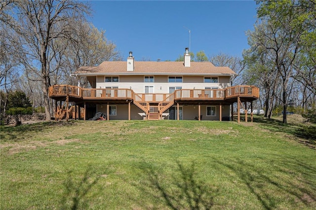 23801 Evans Rd, Tonganoxie, KS 66086 - rear view of house featuring stairway, a deck, a yard, and a chimney