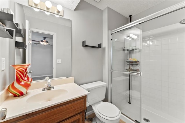 4504 NE 60th Ter, Kansas City, MO 64119 - full bath with a ceiling fan, a textured ceiling, a shower stall, vanity, and toilet
