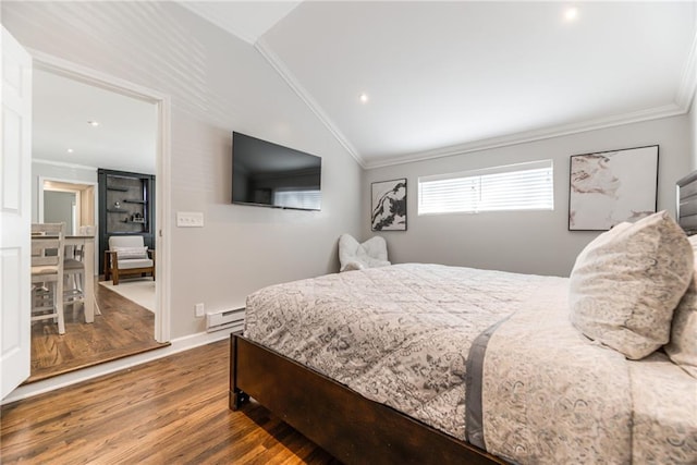 bedroom featuring crown molding, a baseboard radiator, wood finished floors, and recessed lighting