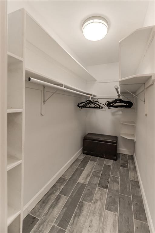 walk in closet with dark wood finished floors