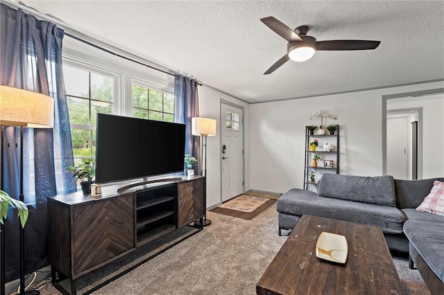living area featuring carpet, a textured ceiling, and ceiling fan