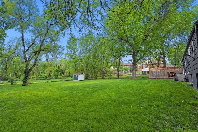 view of yard with a storage shed, an outbuilding, and a fenced backyard