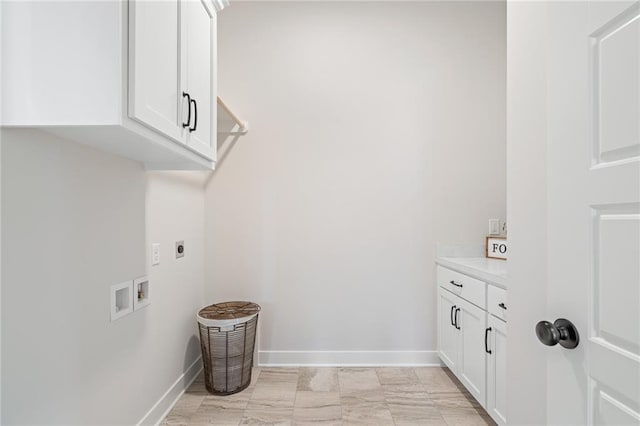laundry room featuring baseboards, washer hookup, cabinet space, and electric dryer hookup