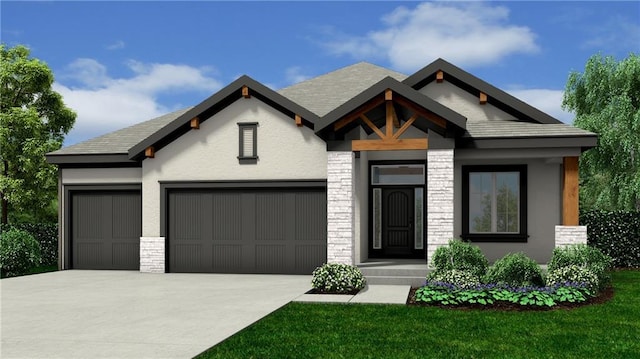 view of front of home featuring an attached garage, a front lawn, stone siding, stucco siding, and driveway