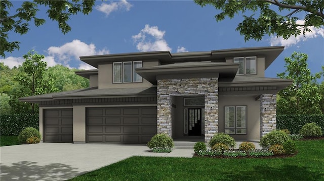 25054 W 141st St, Olathe, KS 66061 - prairie-style home with a front lawn, stone siding, stucco siding, concrete driveway, and an attached garage