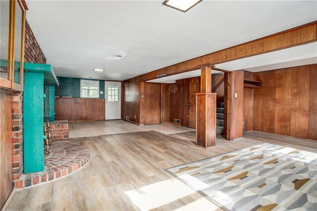 2806 S Whitney Ave, Independence, MO 64057 - below grade area with wood walls, stairway, and wood finished floors