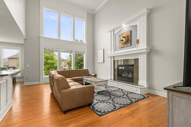2704 SW Gray Ln, Lees Summit, MO 64081 - living room with light wood-type flooring, a premium fireplace, baseboards, crown molding, and a high ceiling