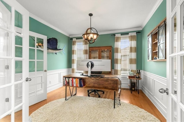 2704 SW Gray Ln, Lees Summit, MO 64081 - office space with crown molding, french doors, a chandelier, a wainscoted wall, and wood finished floors