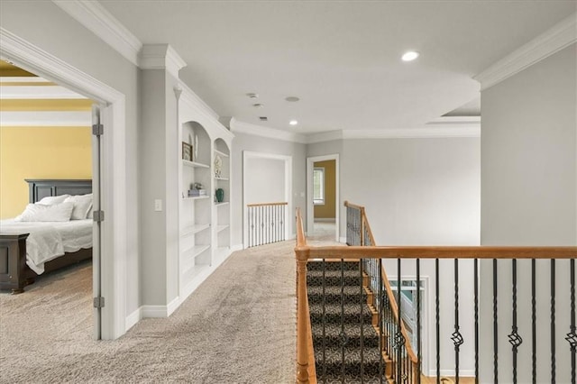 2704 SW Gray Ln, Lees Summit, MO 64081 - hallway with built in features, recessed lighting, carpet floors, baseboards, and crown molding
