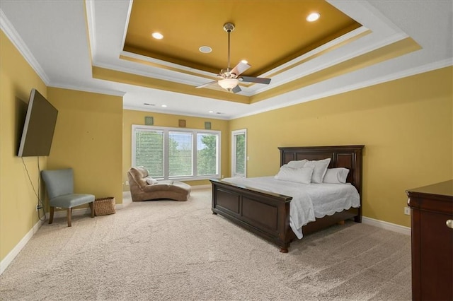 2704 SW Gray Ln, Lees Summit, MO 64081 - bedroom featuring a tray ceiling, carpet flooring, ornamental molding, recessed lighting, and baseboards
