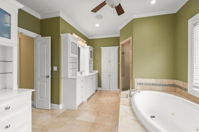 2704 SW Gray Ln, Lees Summit, MO 64081 - bathroom featuring a ceiling fan, a shower stall, vanity, a jetted tub, and crown molding