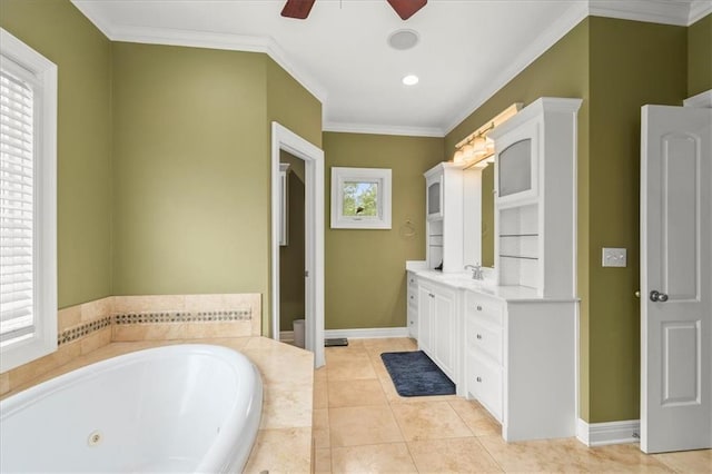 2704 SW Gray Ln, Lees Summit, MO 64081 - full bath with a ceiling fan, a tub with jets, vanity, ornamental molding, and baseboards