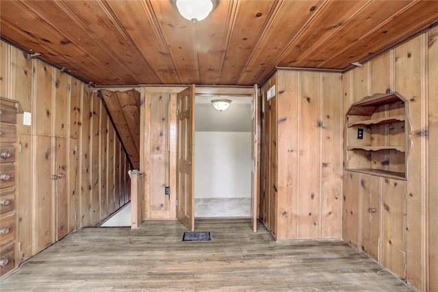 basement featuring wood ceiling, wooden walls, and wood finished floors