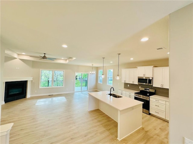 kitchen featuring a sink, appliances with stainless steel finishes, light wood finished floors, and a wealth of natural light