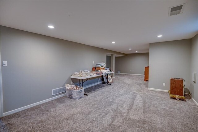 recreation room with carpet floors, recessed lighting, and visible vents