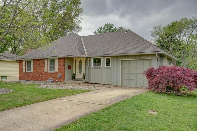 ranch-style house featuring a front yard, a shingled roof, board and batten siding, an attached garage, and driveway