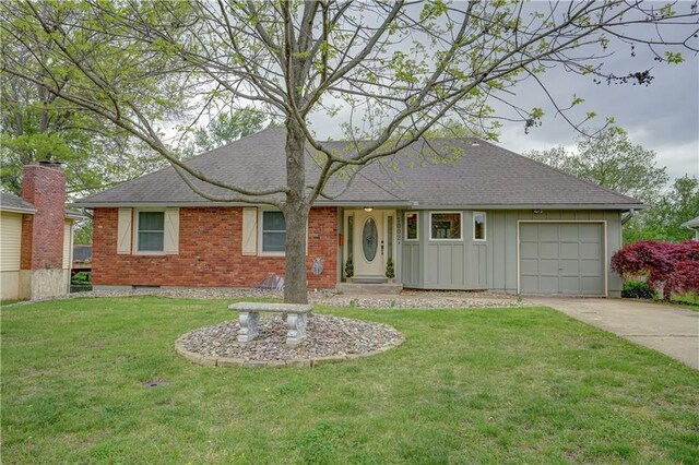 single story home featuring a garage, roof with shingles, brick siding, board and batten siding, and driveway