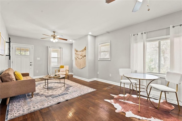 4331 Virginia Ave, Kansas City, MO 64110 - living area with a ceiling fan, baseboards, wood finished floors, and recessed lighting