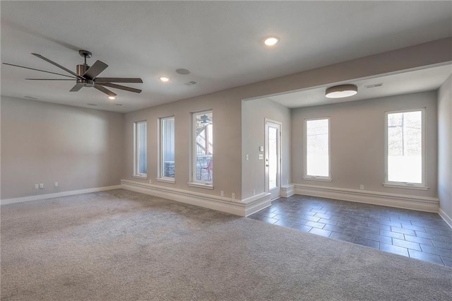 3525 S Woodland Ct, Independence, MO 64052 - carpeted entryway featuring visible vents, baseboards, recessed lighting, tile patterned floors, and a ceiling fan