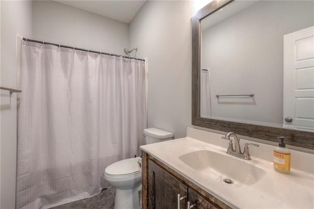 3525 S Woodland Ct, Independence, MO 64052 - bathroom featuring vanity, tile patterned floors, toilet, and a shower with curtain