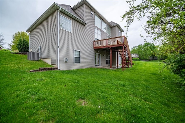 2500 Gabrianna Ct, Columbia, MO 65203 - rear view of house featuring stairway, central air condition unit, a yard, and a deck