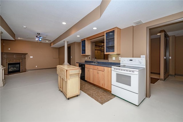 2500 Gabrianna Ct, Columbia, MO 65203 - kitchen featuring white electric range oven, black dishwasher, recessed lighting, a ceiling fan, and glass insert cabinets