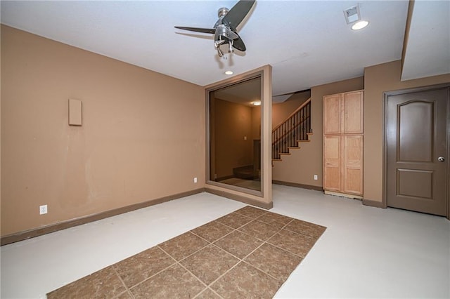 2500 Gabrianna Ct, Columbia, MO 65203 - finished basement featuring ceiling fan, visible vents, stairs, baseboards, and recessed lighting