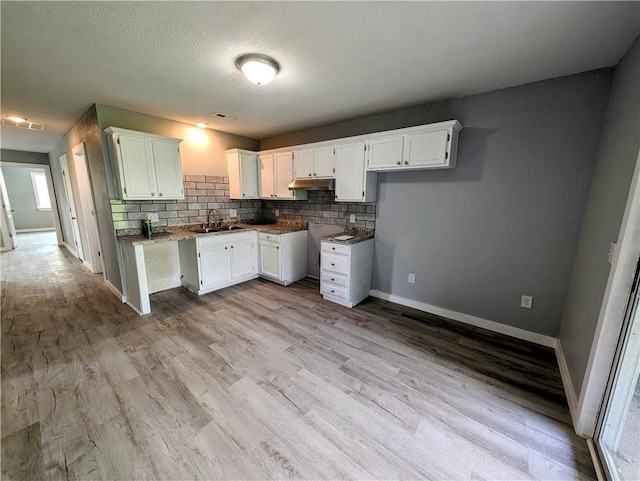 597 SE 110th St, Warrensburg, MO 64093 - kitchen with tasteful backsplash, a sink, light wood-style floors, under cabinet range hood, and white cabinetry