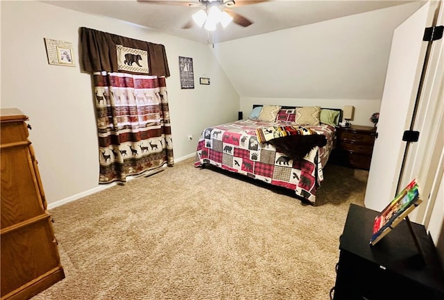 carpeted bedroom featuring a ceiling fan, baseboards, and lofted ceiling