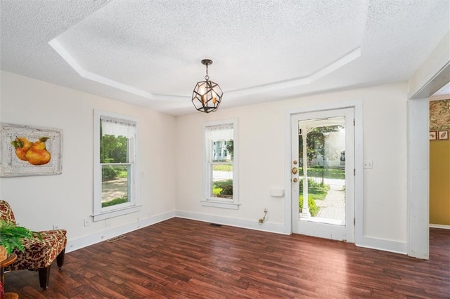 unfurnished dining area featuring a textured ceiling, a raised ceiling, healthy amount of natural light, and wood finished floors
