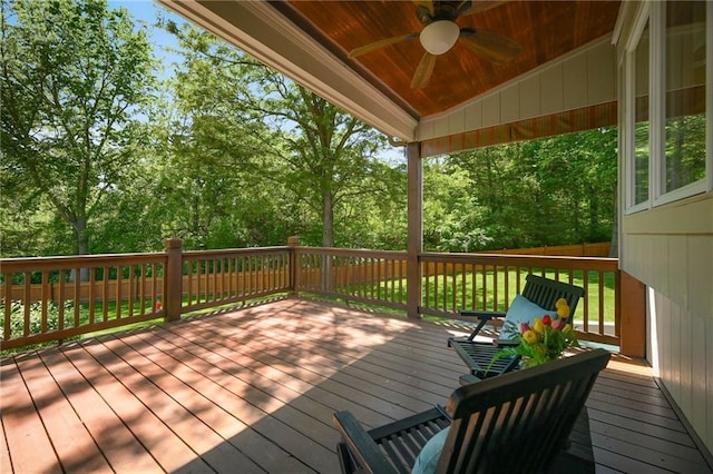 7419 Constance St, Shawnee, KS 66216 - wooden deck featuring ceiling fan and view of scattered trees