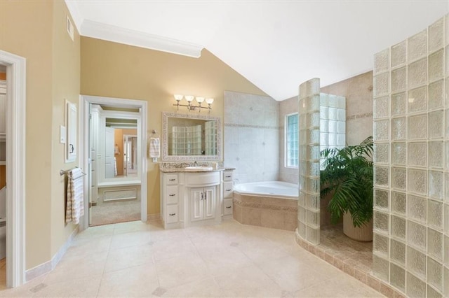 full bath featuring a bath, tile patterned flooring, a walk in shower, vanity, and vaulted ceiling