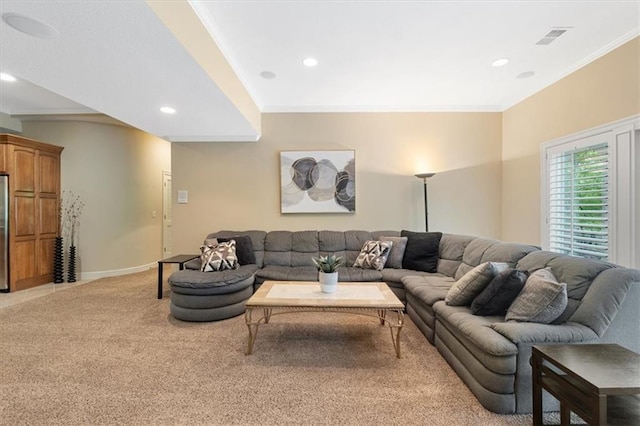 living room with light carpet, crown molding, recessed lighting, and baseboards